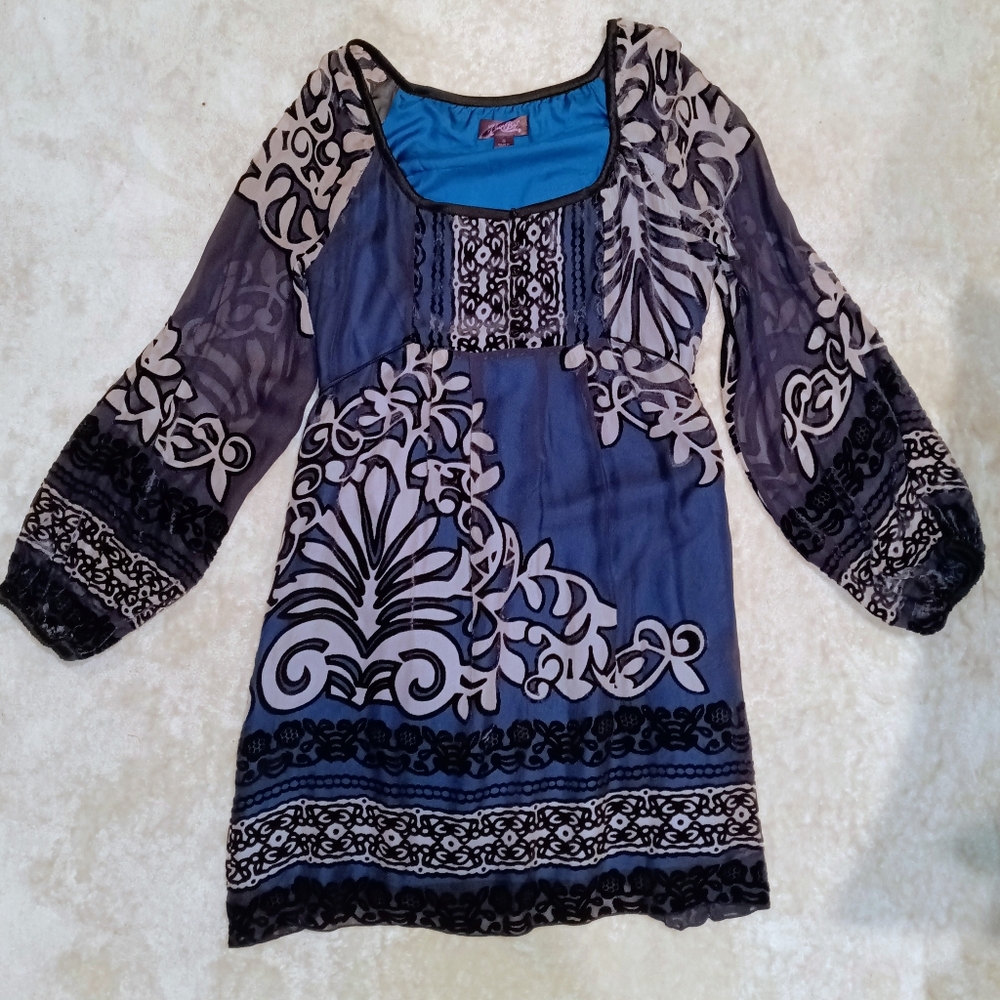 Hale Bob Elegant Teal and Black Women's Silk Boho Tunic Dress Top Sz S